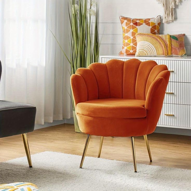 Shell Motif Luxury Design Orange Velvet Accent Chair