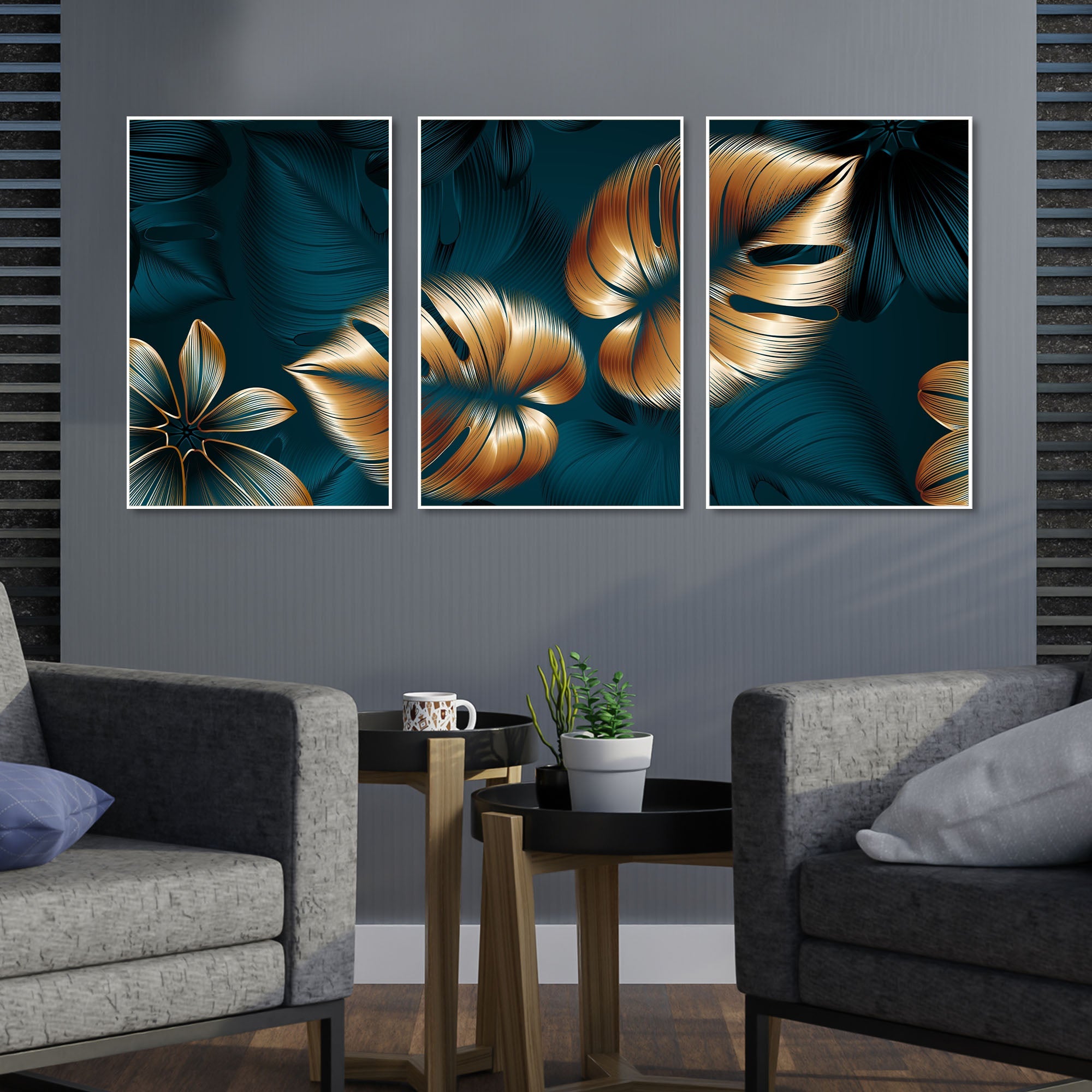 Shiny Golden Leaves Floating Canvas Wall Painting Set of Three