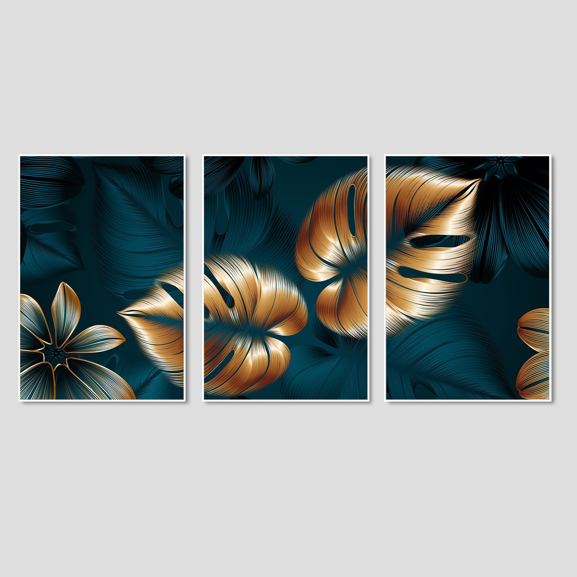 Shiny Golden Leaves Floating Canvas Wall Painting Set of Three