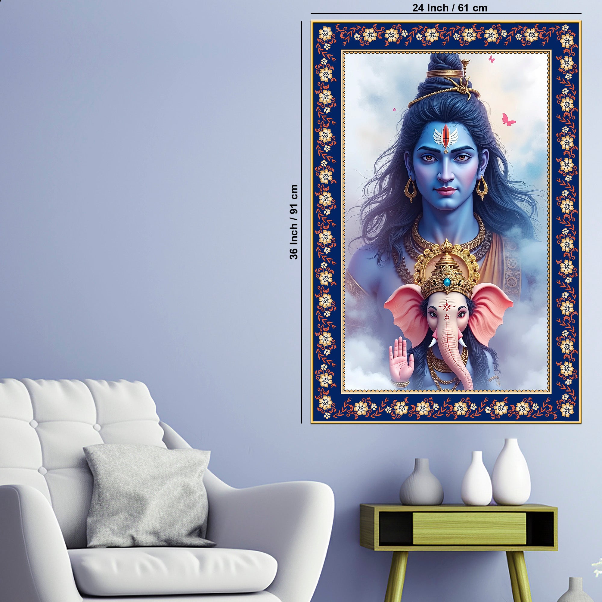 Shiva Grace Ganesha Wisdom Floral Border Vertical Wall Painting