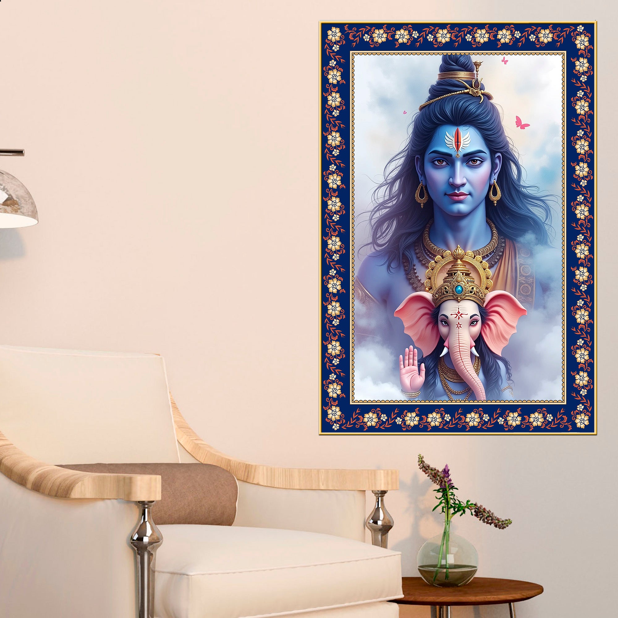 Shiva Grace Ganesha Wisdom Floral Border Vertical Wall Painting