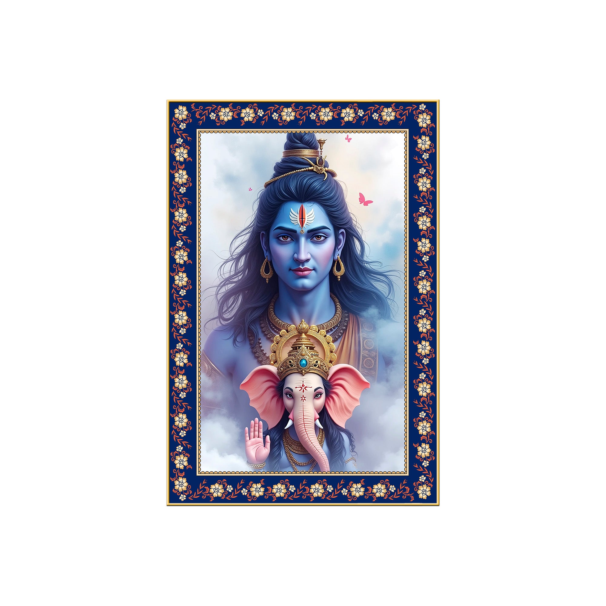 Shiva Grace Ganesha Wisdom Floral Border Vertical Wall Painting