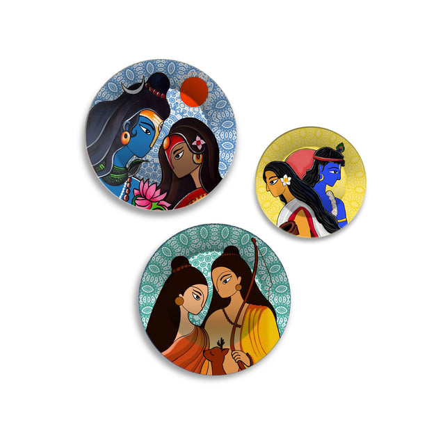 Shiva Parvati Ram Sita & Radha Krishna Premium Wall Plates Painting Set of 3