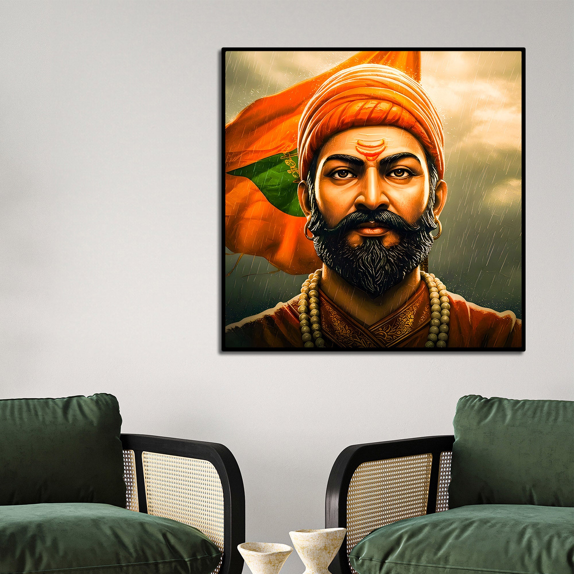 Shivaji Maharaj Saffron Flag Portrait Art Wall Painting