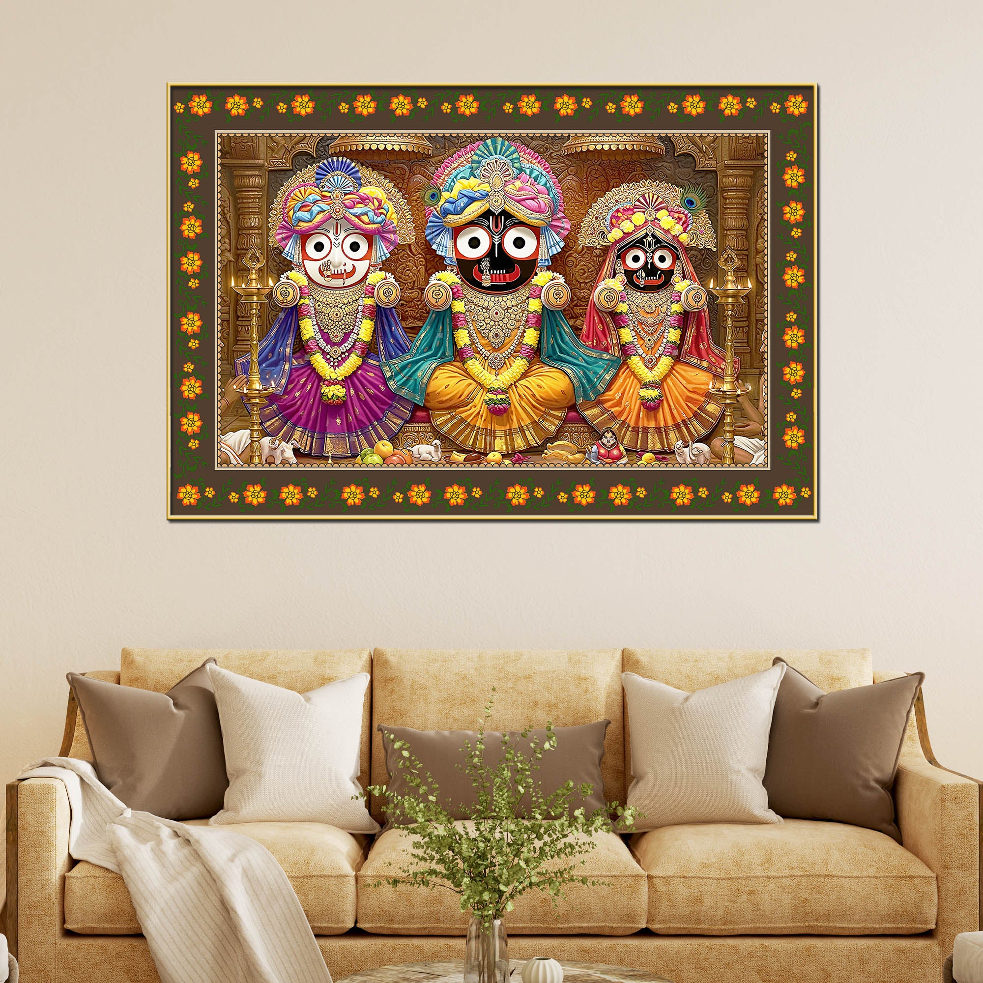 Shree Jagannath Deities Floral Border Canvas Wall Painting