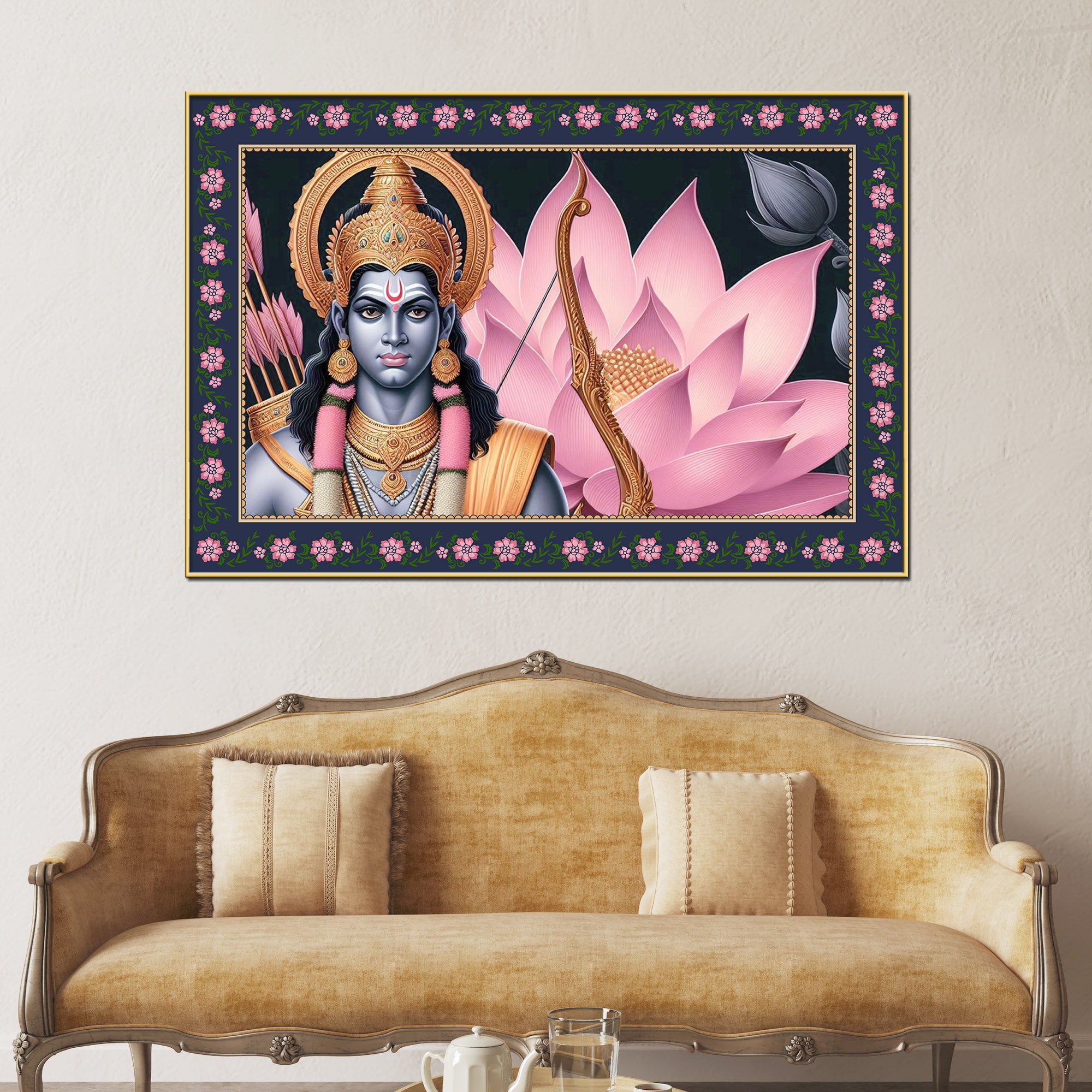 Shree Ram in Lotus Background Floral Border Canvas Wall Painting