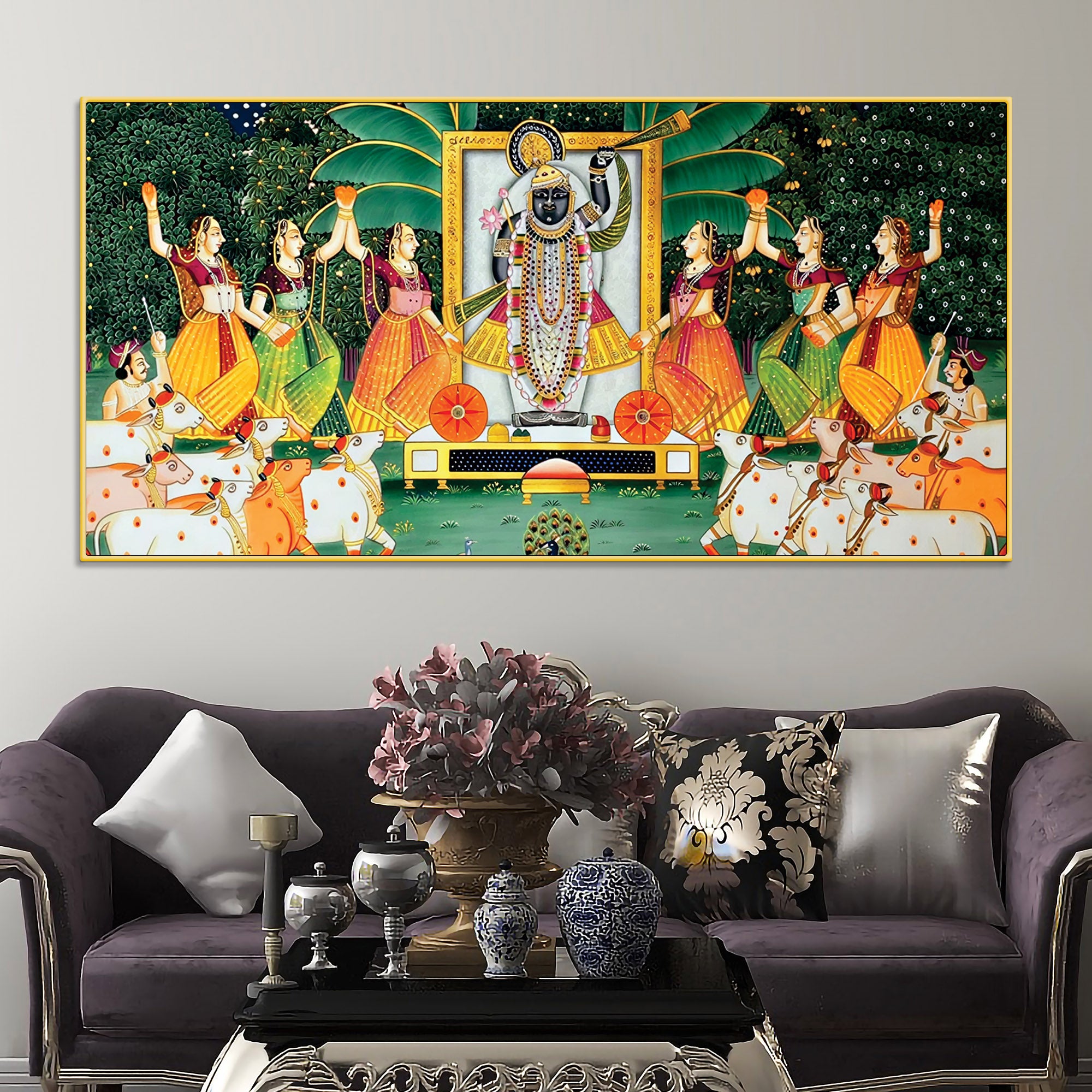 Shreenathji Pichwai Canvas Wall Painting with Devotees & Cows