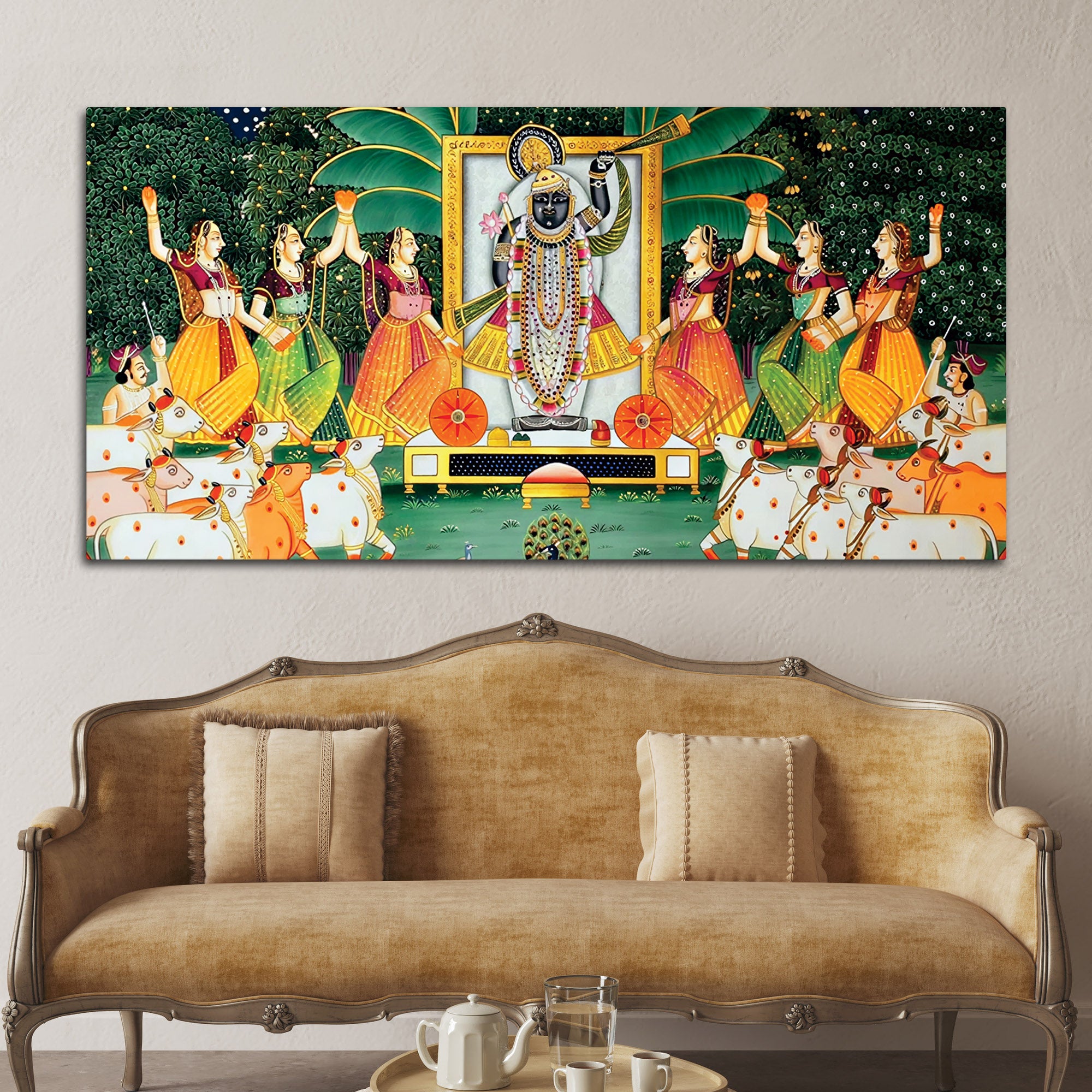Shreenathji Pichwai Canvas Wall Painting with Devotees & Cows