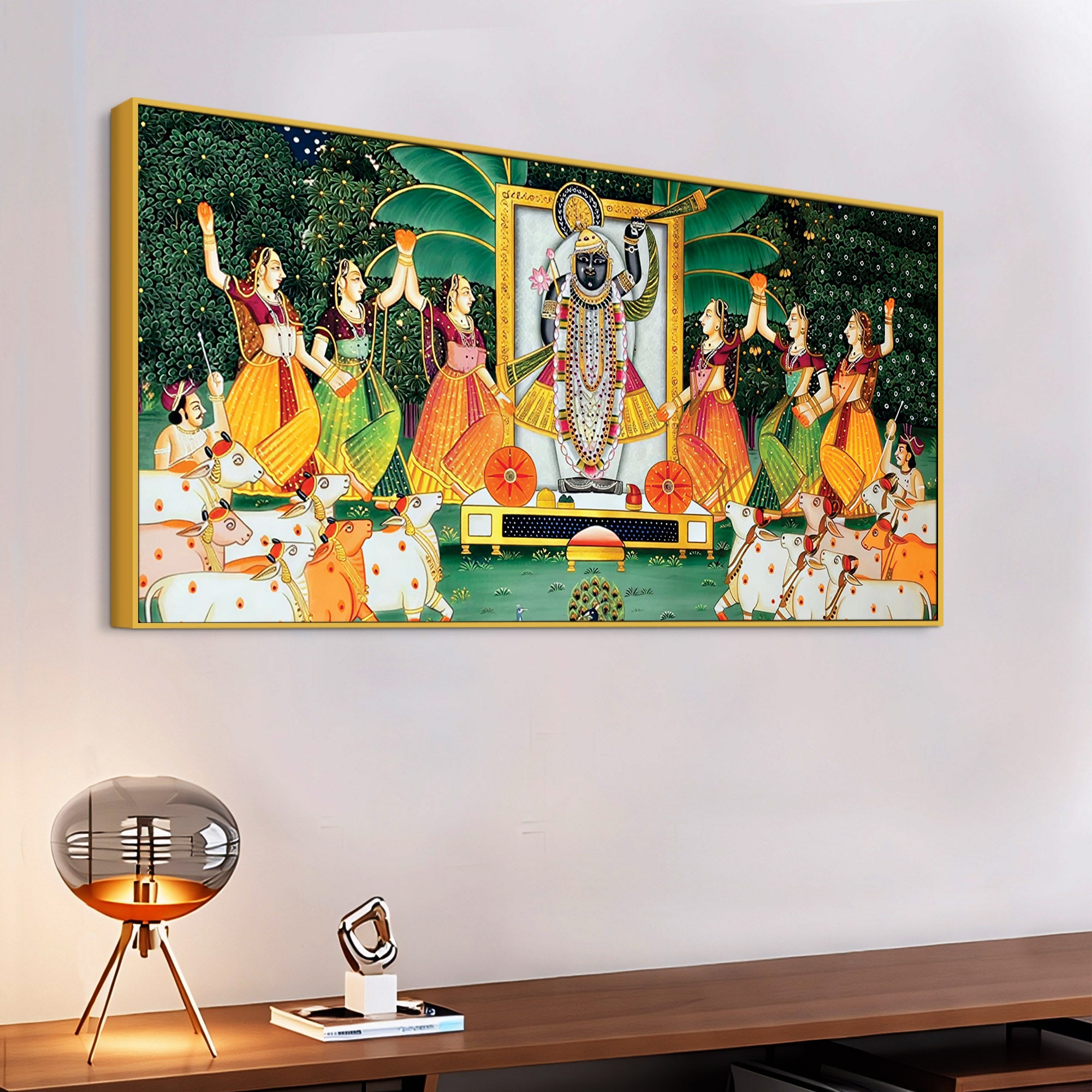 Shreenathji Pichwai Canvas Wall Painting with Devotees & Cows