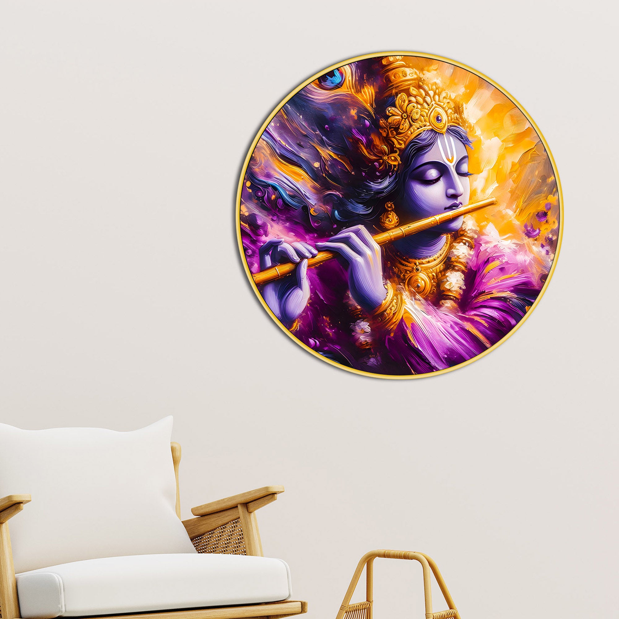 Shri Krishna with Flute Round Frame Wall Painting