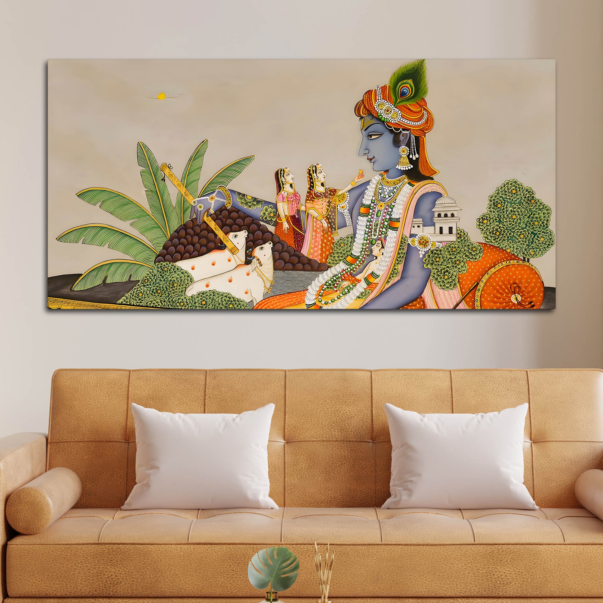 Shri Krishna with Gopis & Cows Pichwai Canvas Wall Painting – Traditional Indian Decor