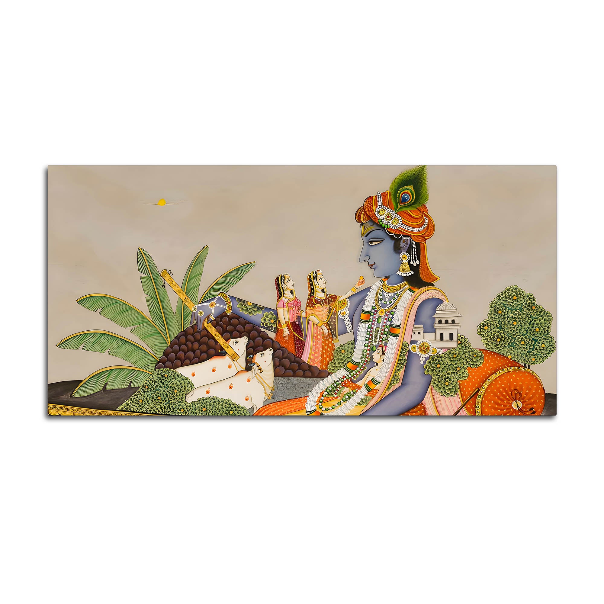 Shri Krishna with Gopis & Cows Pichwai Canvas Wall Painting – Traditional Indian Decor
