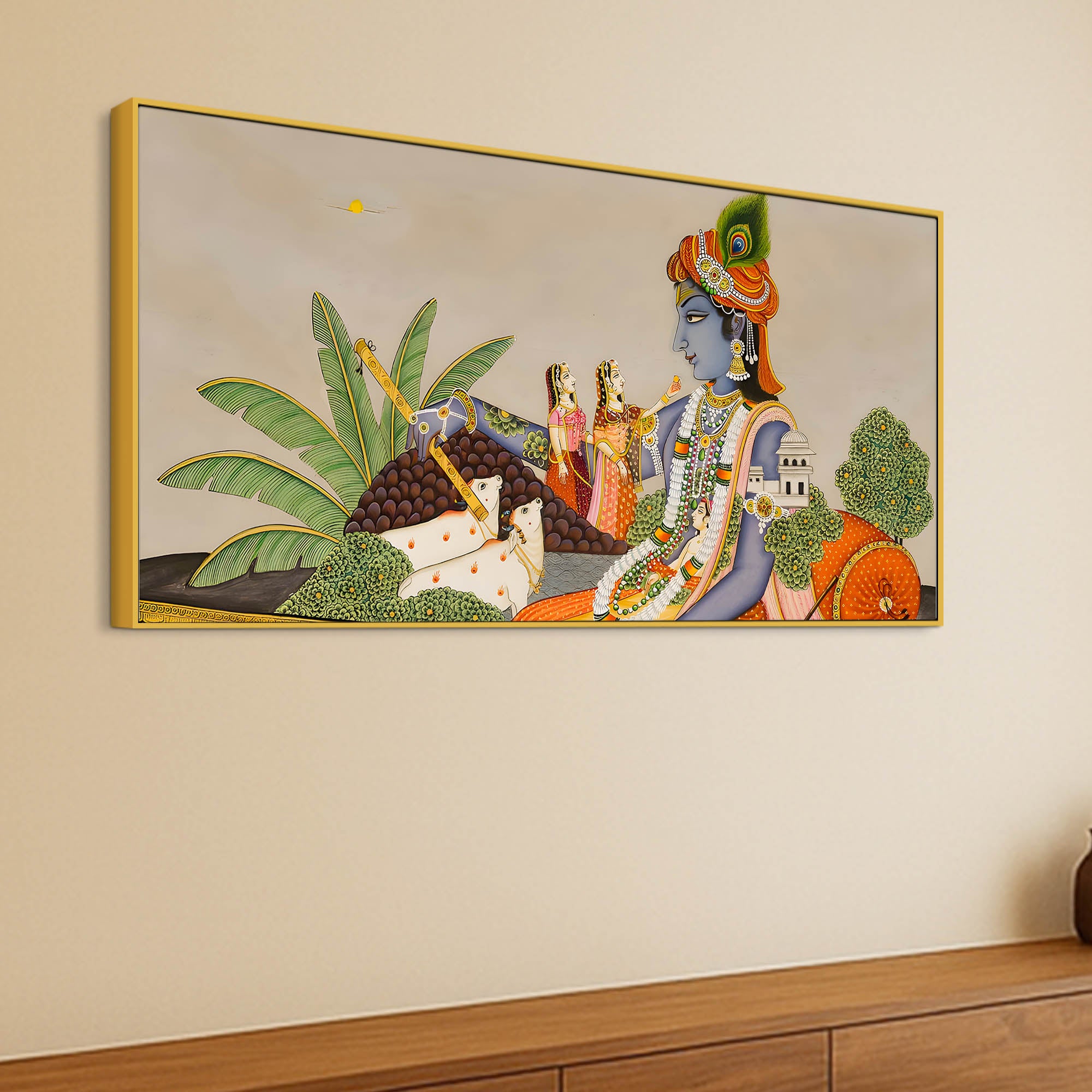 Shri Krishna with Gopis & Cows Pichwai Canvas Wall Painting – Traditional Indian Decor