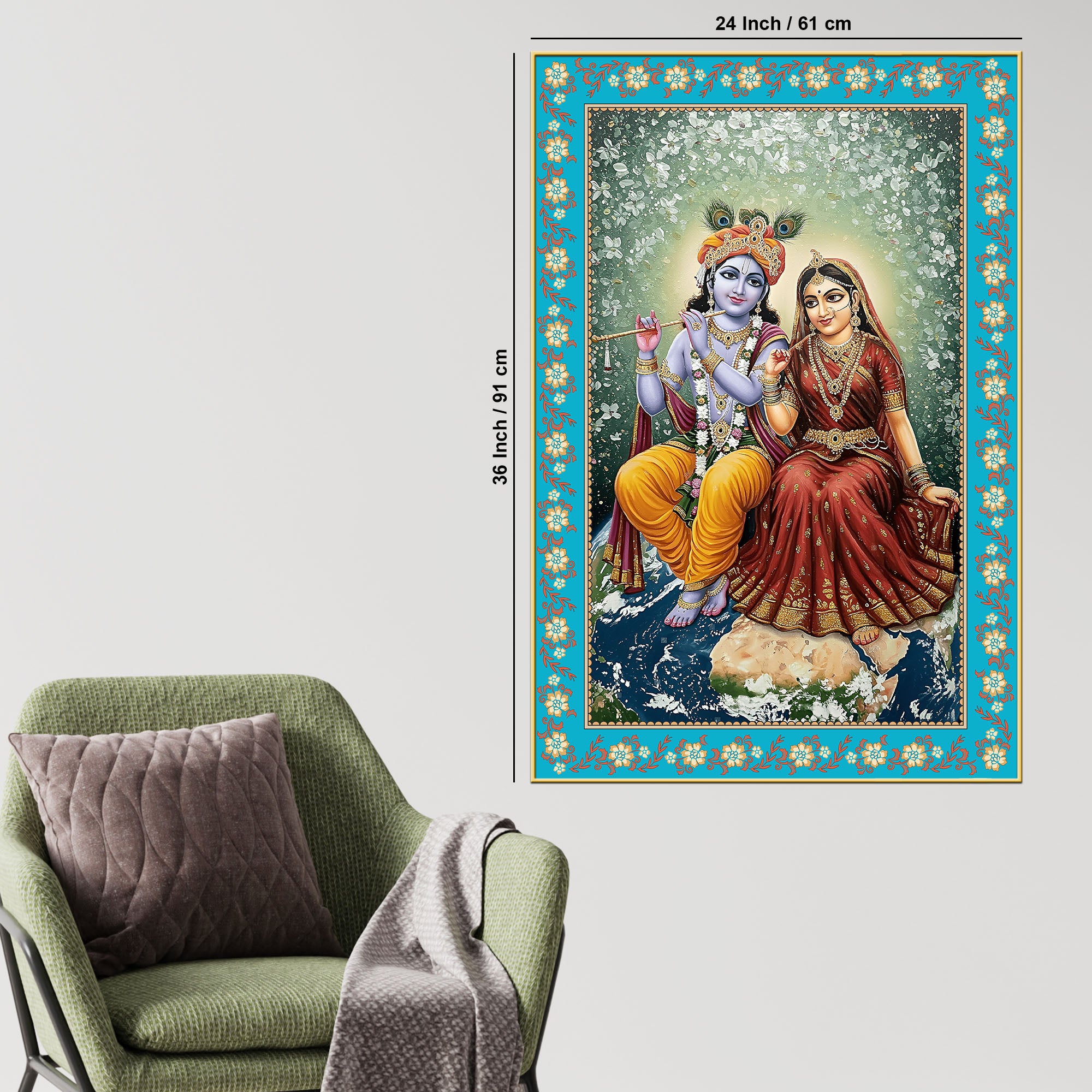 Shri Krishna with Radha Rani Floral Border Vertical Canvas Wall Painting