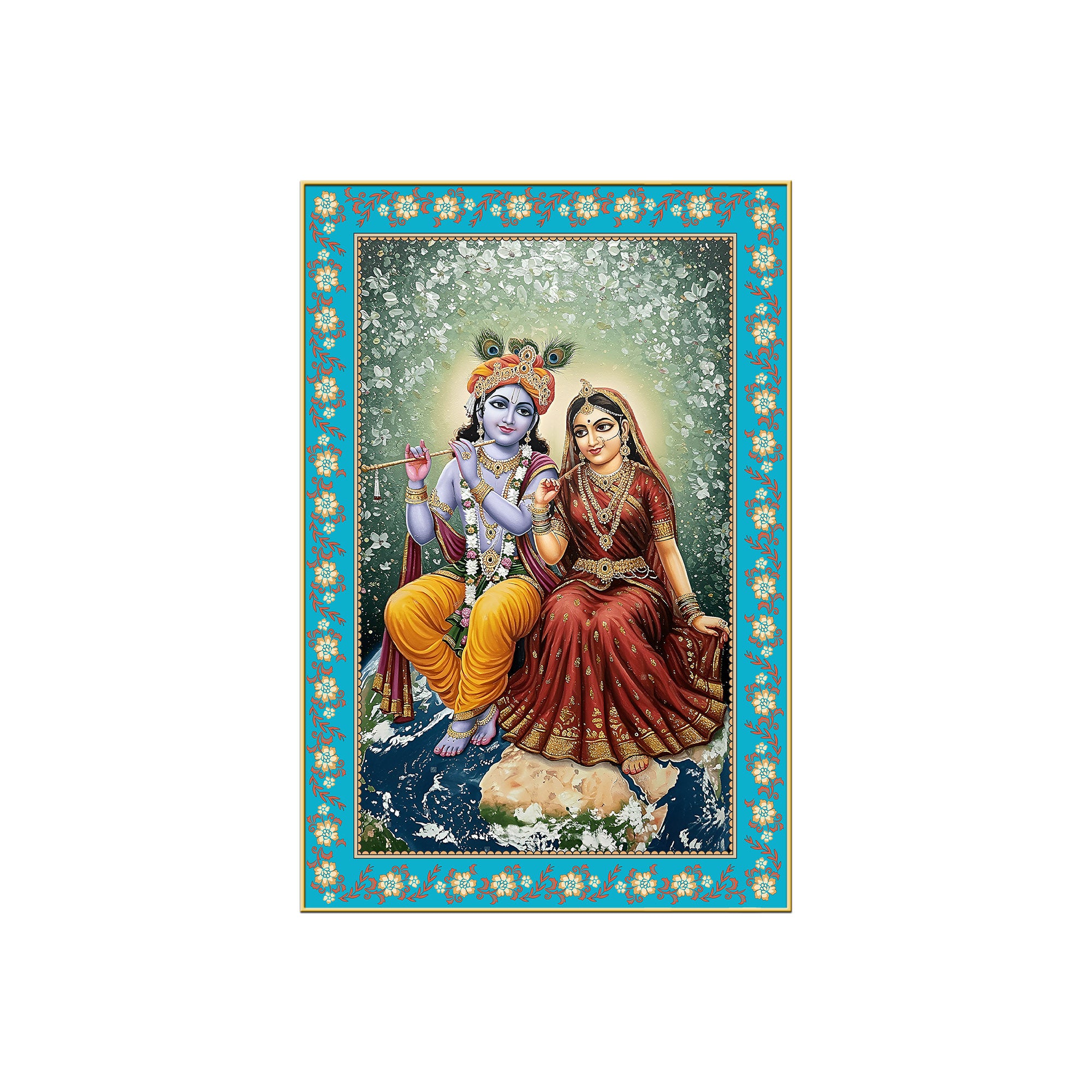 Shri Krishna with Radha Rani Floral Border Vertical Canvas Wall Painting