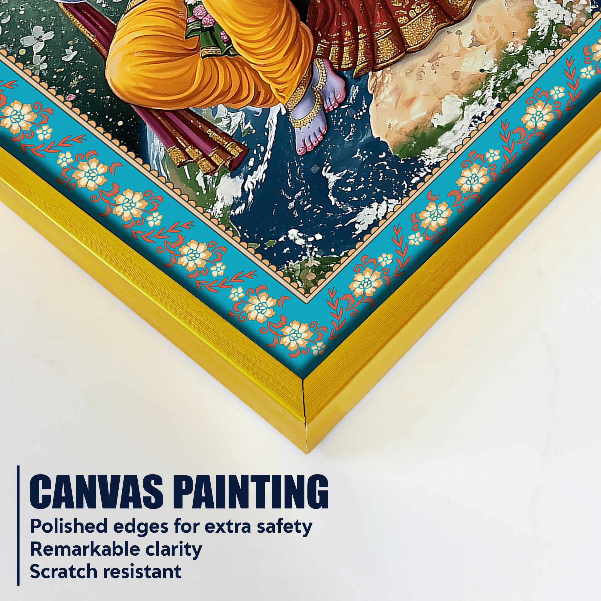 Shri Krishna with Radha Rani Floral Border Vertical Canvas Wall Painting