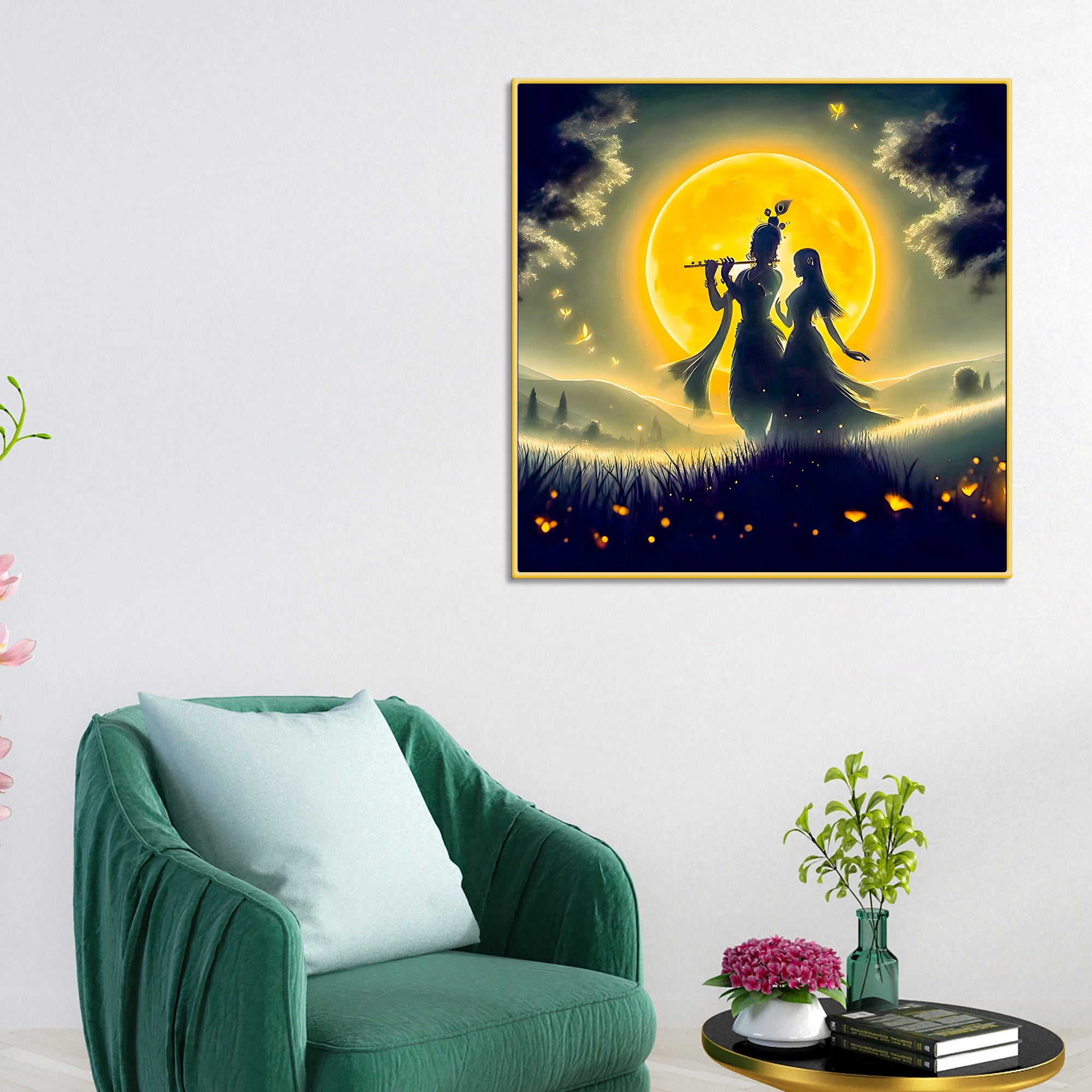 Shri Radha Krishna Moonlit Landscape Canvas Wall Painting for Home & Office – Modern Spiritual Wall Decor