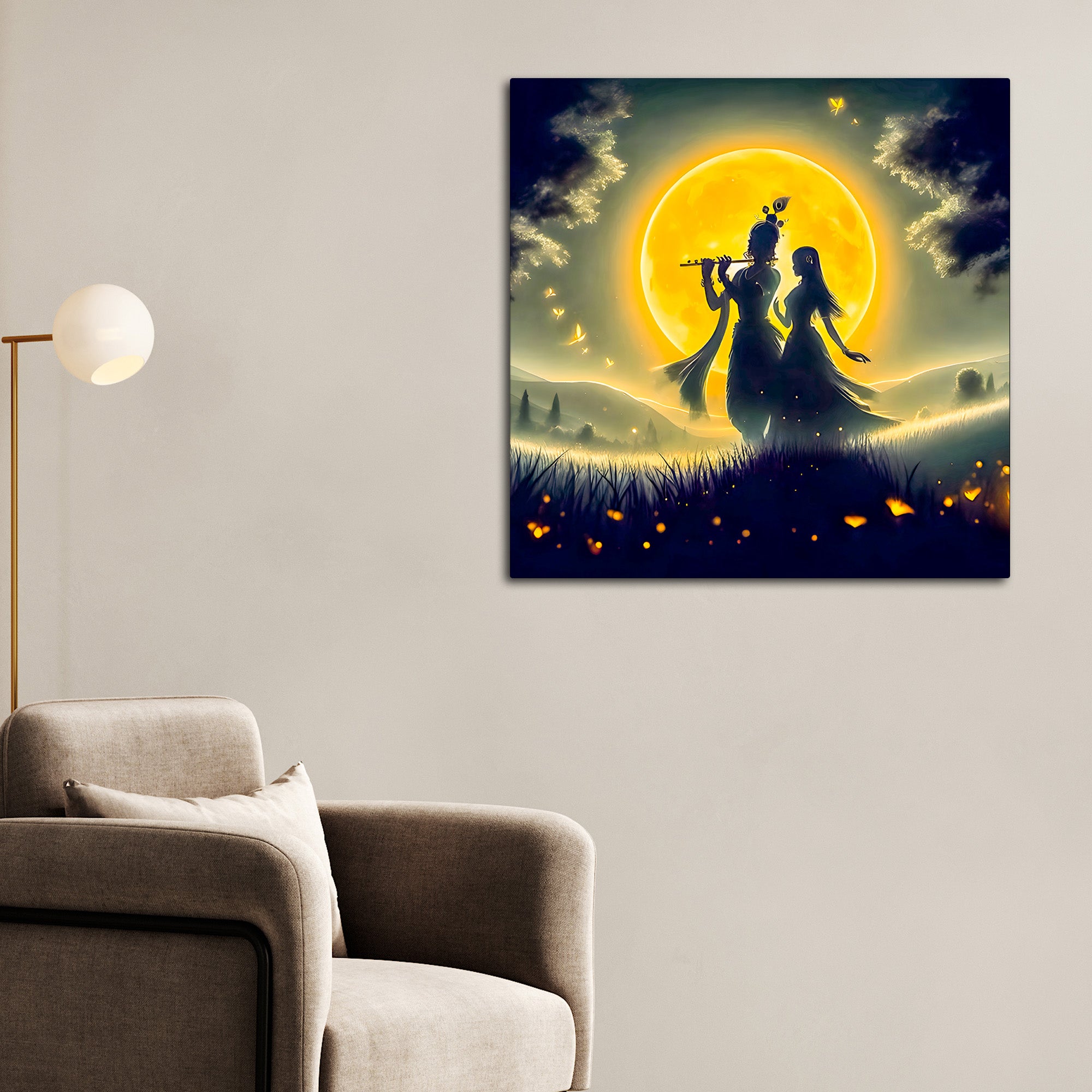 Shri Radha Krishna Moonlit Landscape Canvas Wall Painting for Home & Office – Modern Spiritual Wall Decor