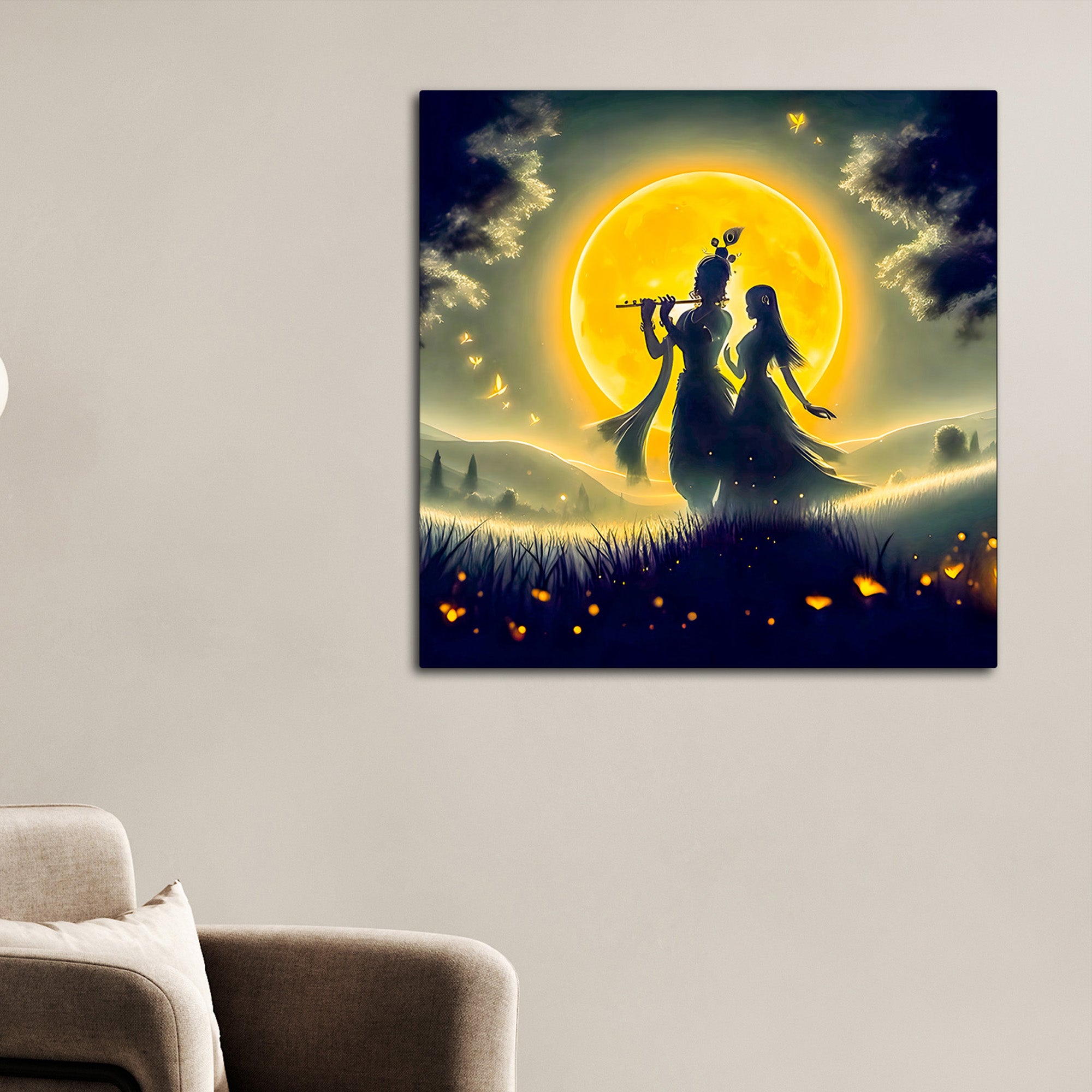 Shri Radha Krishna Moonlit Landscape Canvas Wall Painting for Home & Office – Modern Spiritual Wall Decor