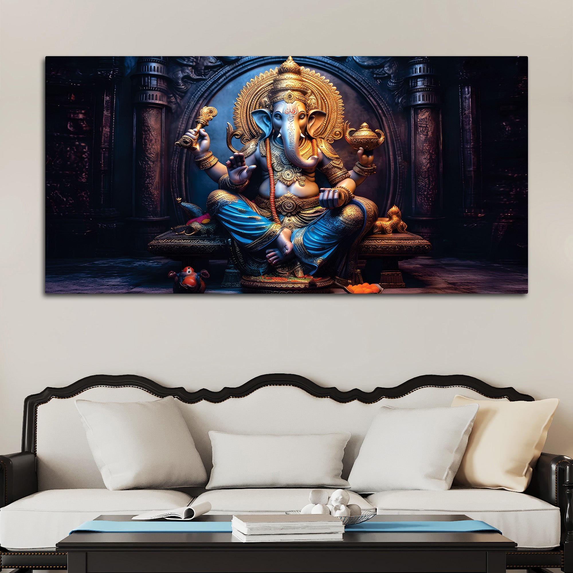 Shri Vighnaharta Lord Ganesha Auspicious Golden Sculpture Canvas Wall Painting for Home & Office – Modern Religious Wall Decor