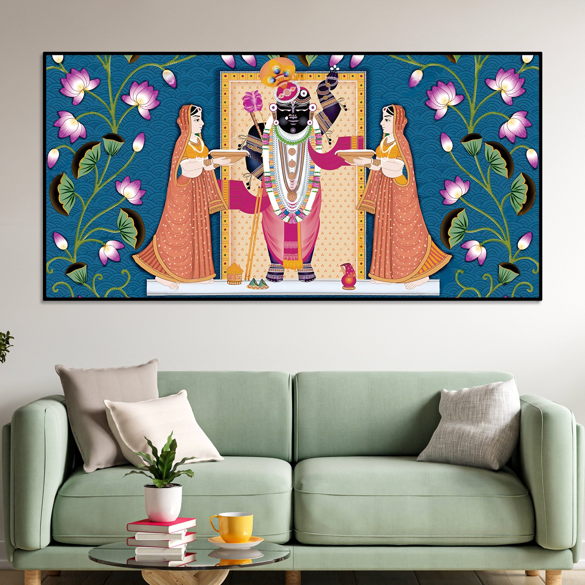 Shrinathji with Lotus Motif Traditional Wall Art Painting