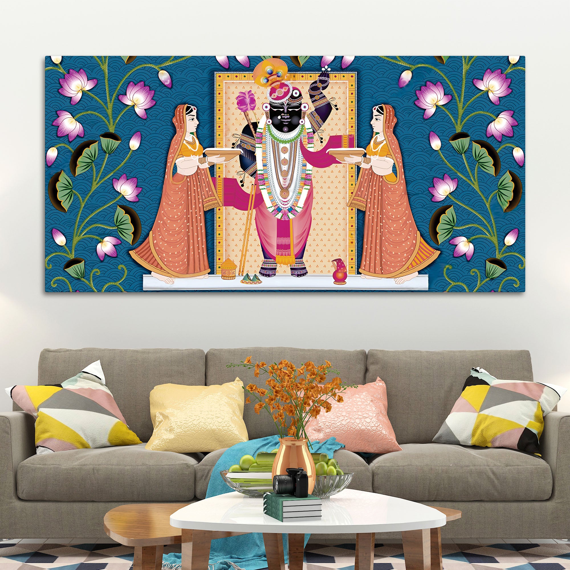 Shrinathji with Lotus Motif Traditional Wall Art Painting