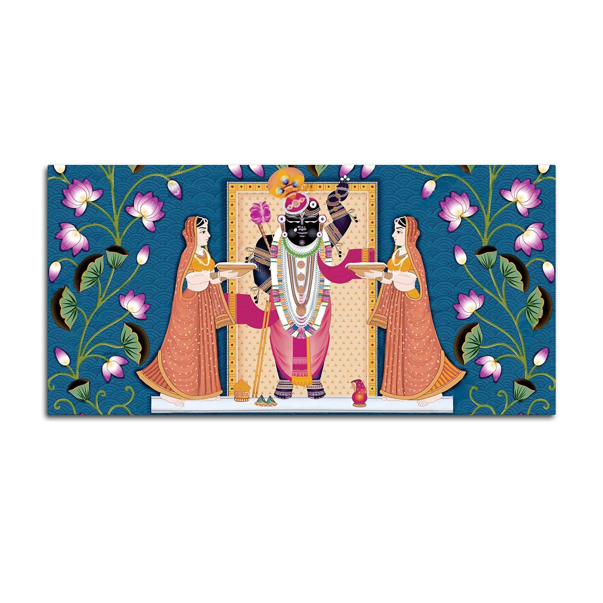 Shrinathji with Lotus Motif Traditional Wall Art Painting
