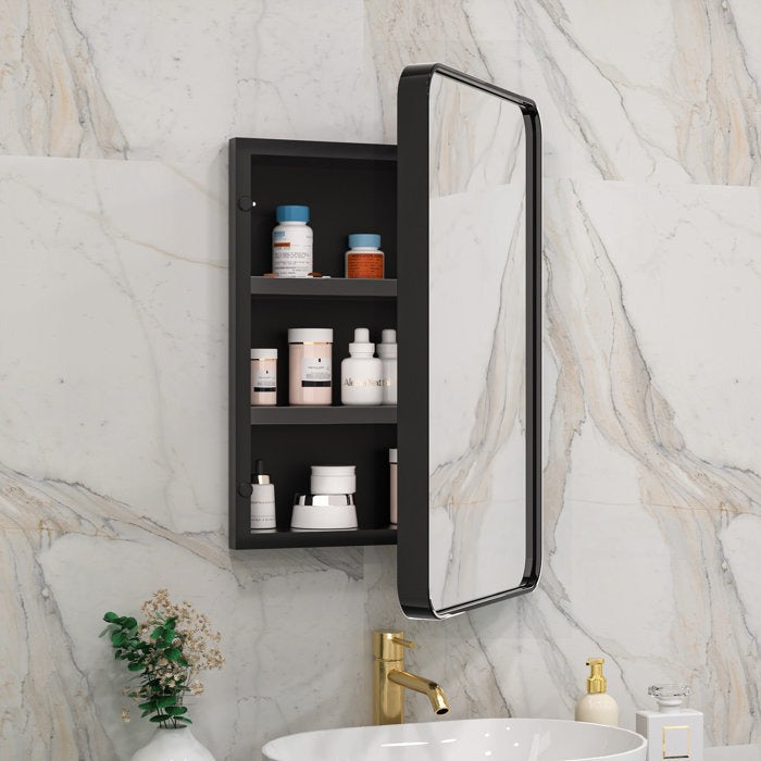 Sleek Black Edge Mirror Cabinet with Storage Shelves