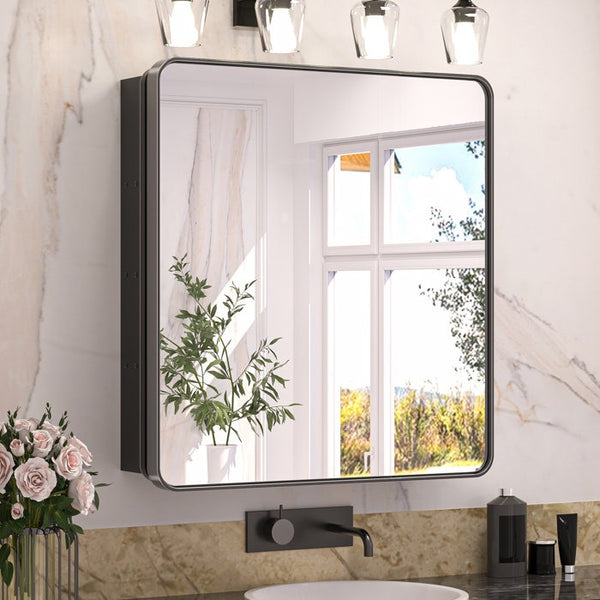 Sleek Black Edge Mirror Cabinet with Storage Shelves