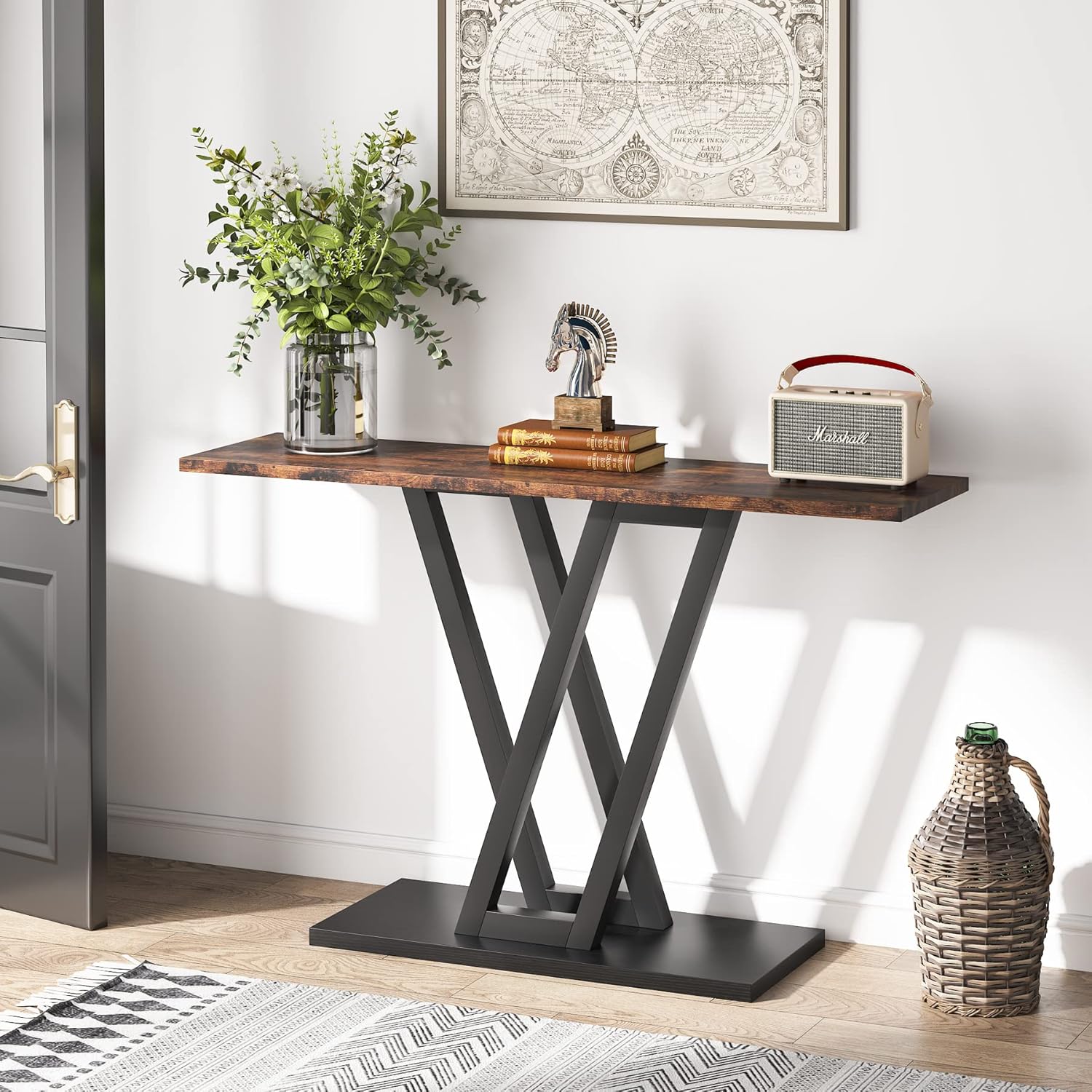 Sleek Industrial Console Table with Matte Black Frame and Wood Top