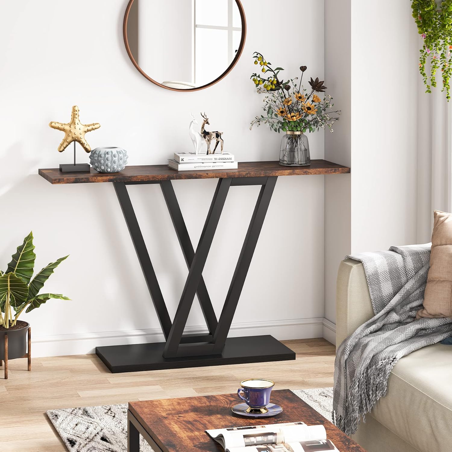 Sleek Industrial Console Table with Matte Black Frame and Wood Top