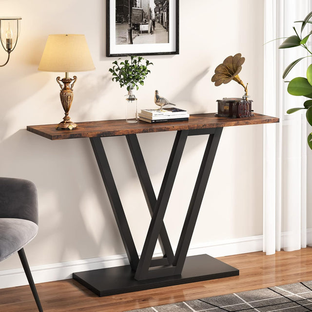 Sleek Industrial Console Table with Matte Black Frame and Wood Top