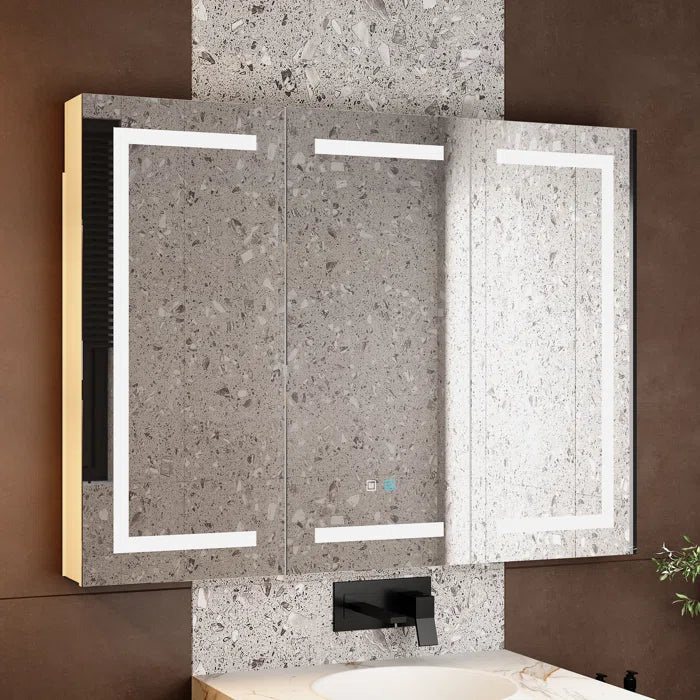 Sleek LED Mirror Cabinet with Tri-Fold Doors and Interior Storage