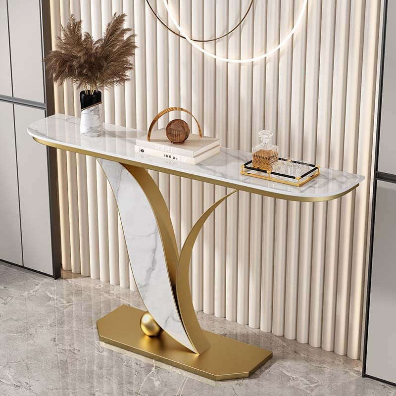 Sleek Marble Console Table with Unique Curved Gold Legs