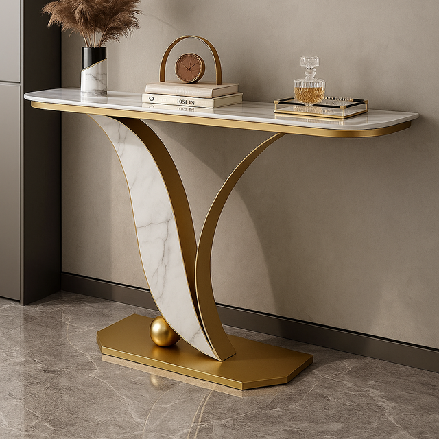 Sleek Marble Console Table with Unique Curved Gold Legs