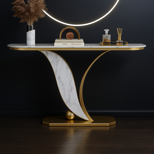Sleek Marble Console Table with Unique Curved Gold Legs