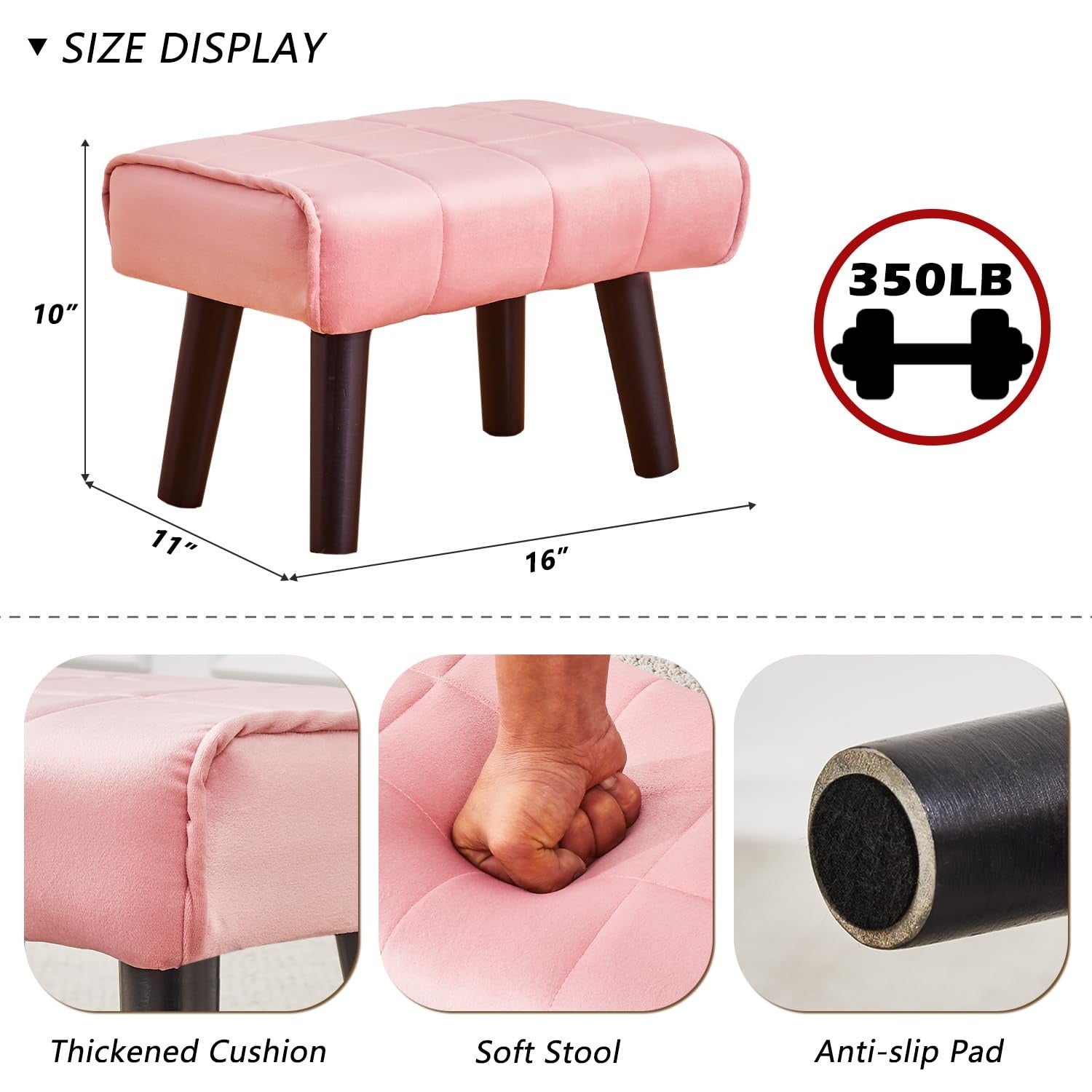 Small Pink Velvet Ottoman Footstool with Black Wooden Legs
