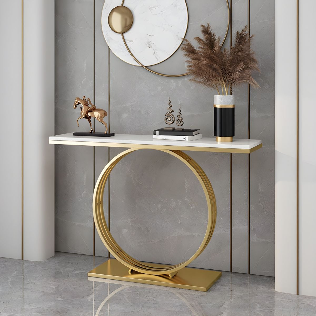 Sophisticated Black Marble Console Table with Gold Circular Base