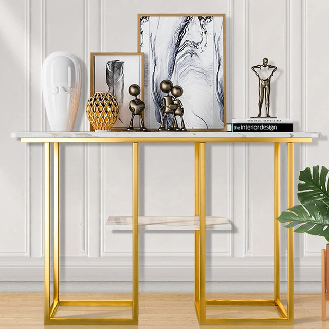 Sophisticated Console Table with Golden Frame and Marble Surface