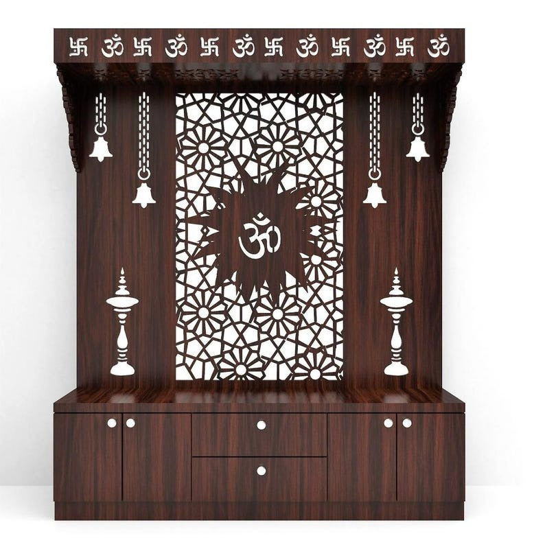 Spacious Wooden Pooja Mandir with Backlit Om Design and Storage