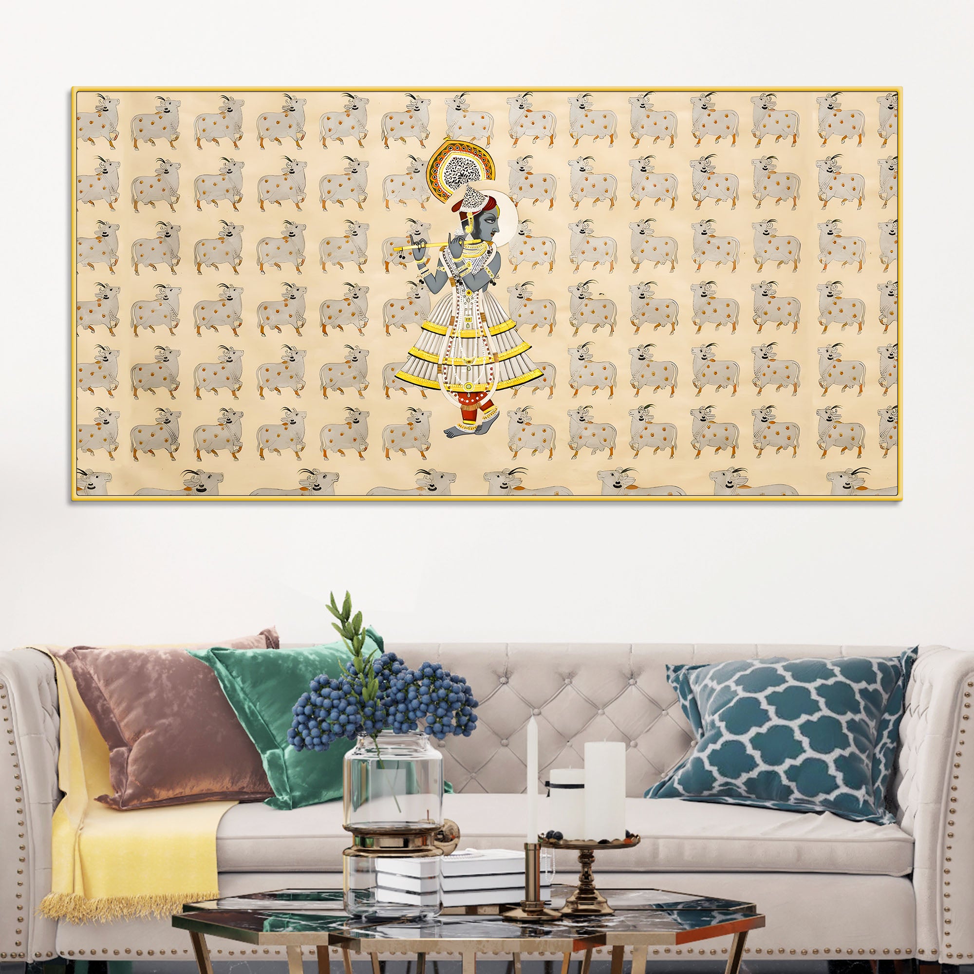 Spiritual Krishna & Gau Mata Pichwai Canvas Wall Painting – Divine Wall Decor