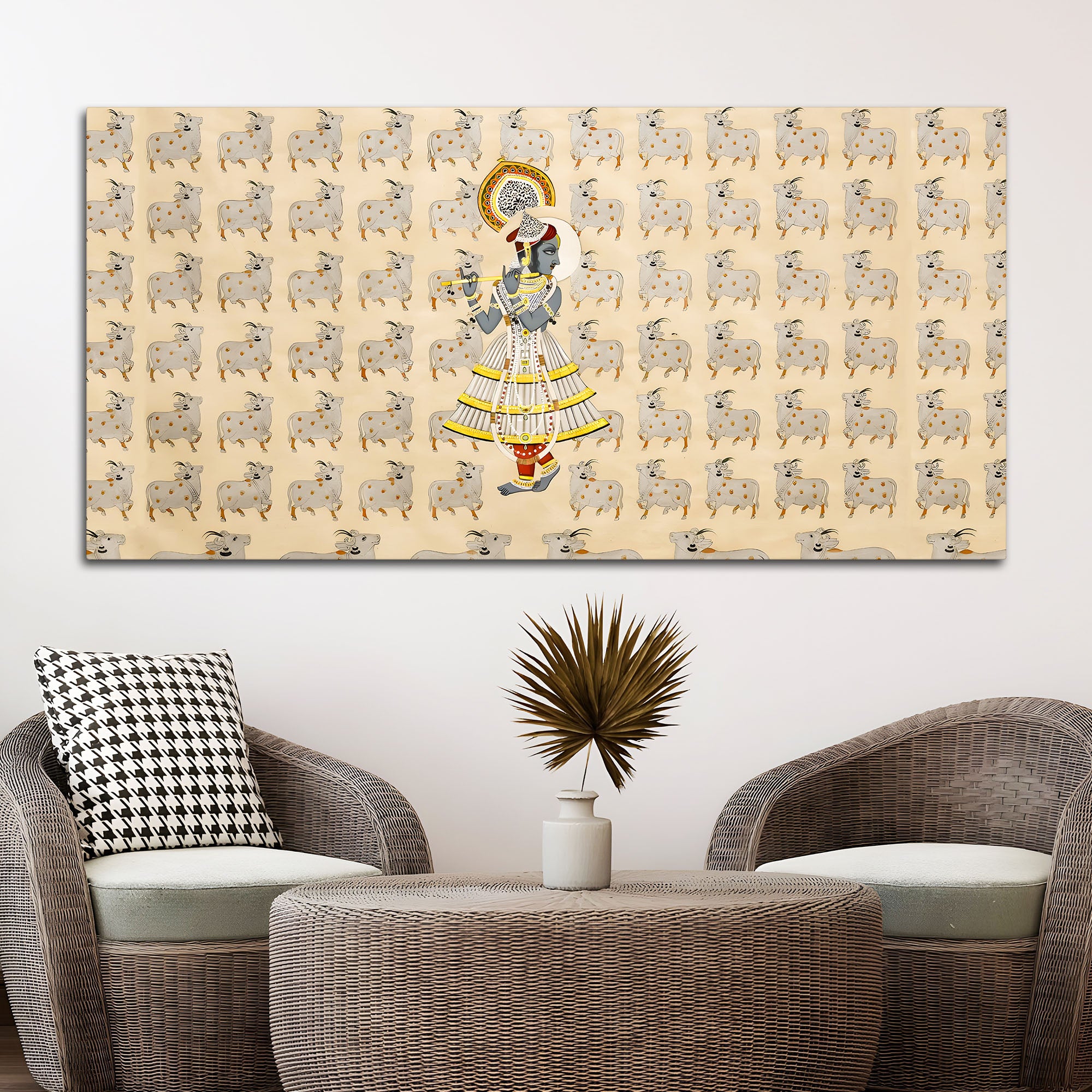 Spiritual Krishna & Gau Mata Pichwai Canvas Wall Painting – Divine Wall Decor
