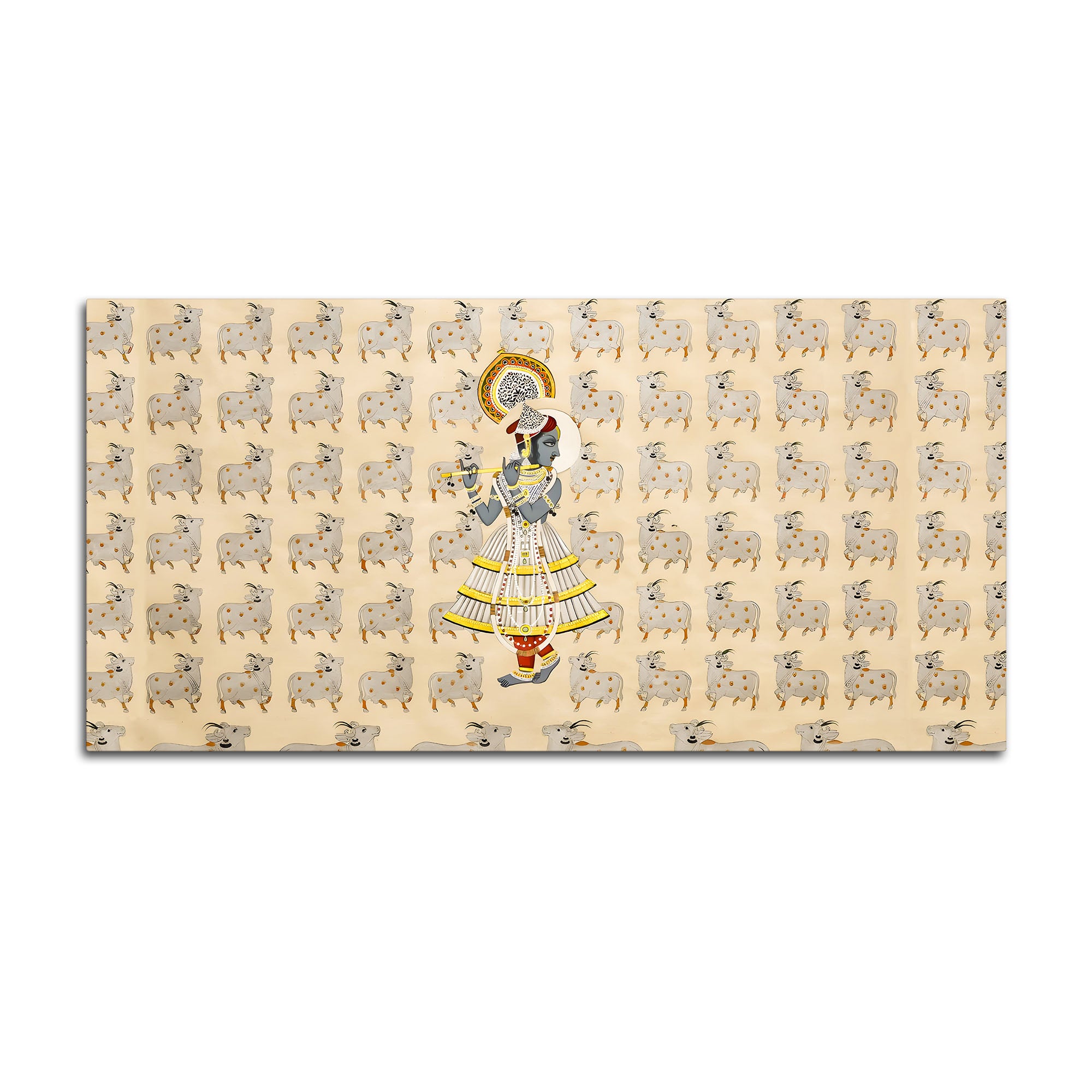 Spiritual Krishna & Gau Mata Pichwai Canvas Wall Painting – Divine Wall Decor