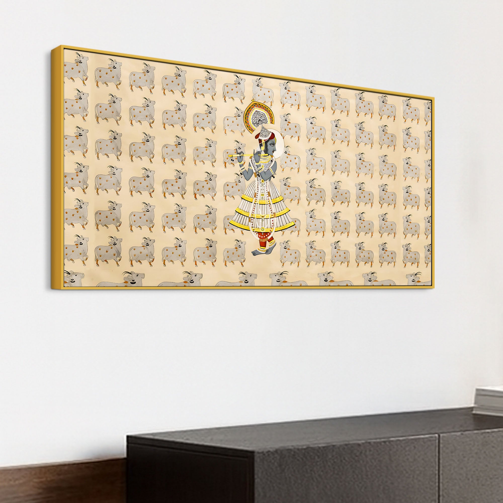 Spiritual Krishna & Gau Mata Pichwai Canvas Wall Painting – Divine Wall Decor