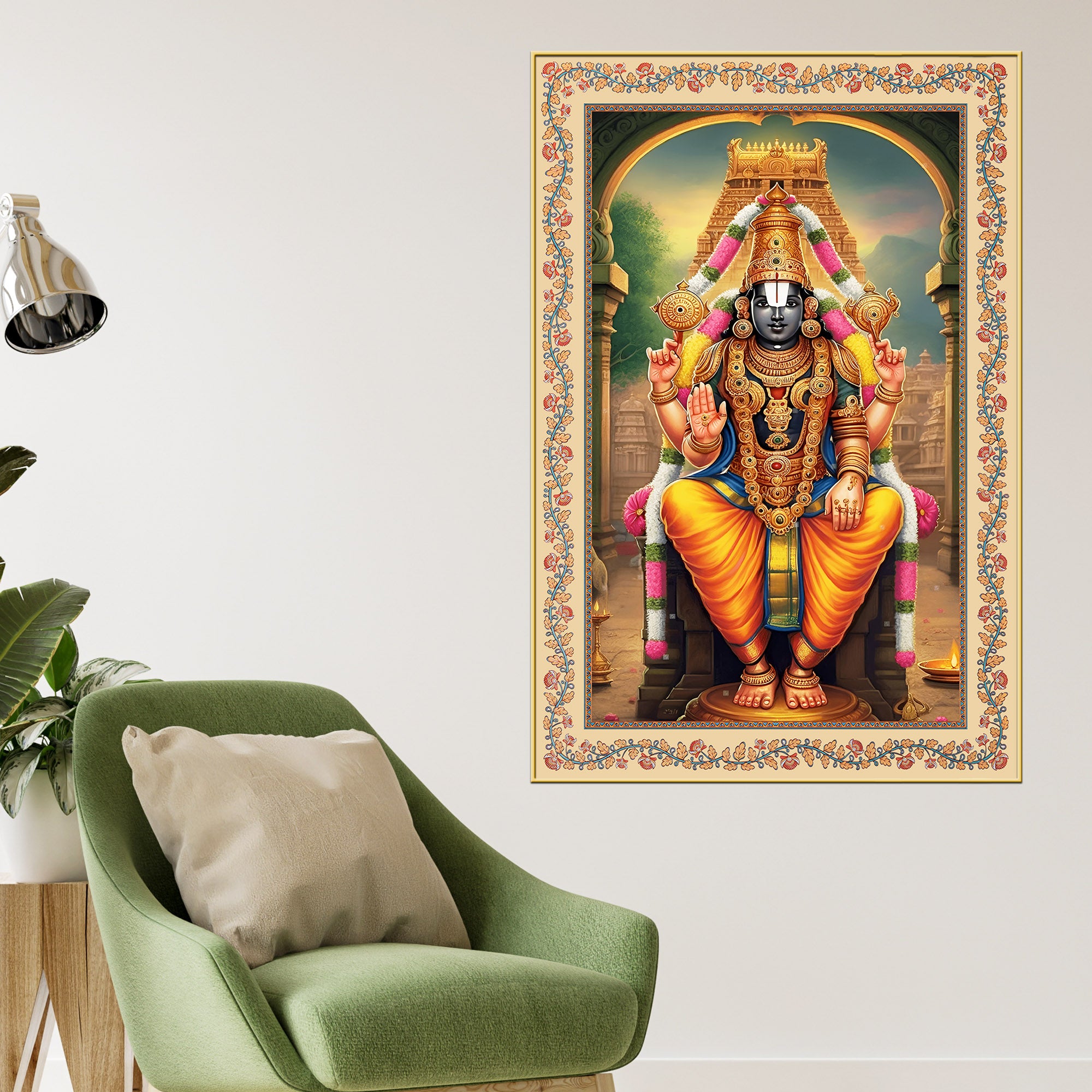 Sri Tirupati Balaji Floral Border Vertical Canvas Wall Painting