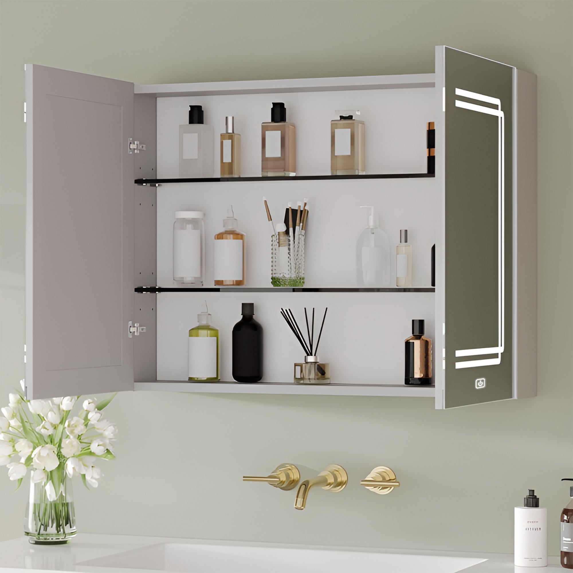 Stylish Double Panel Mirror Cabinet with LED Border and Storage