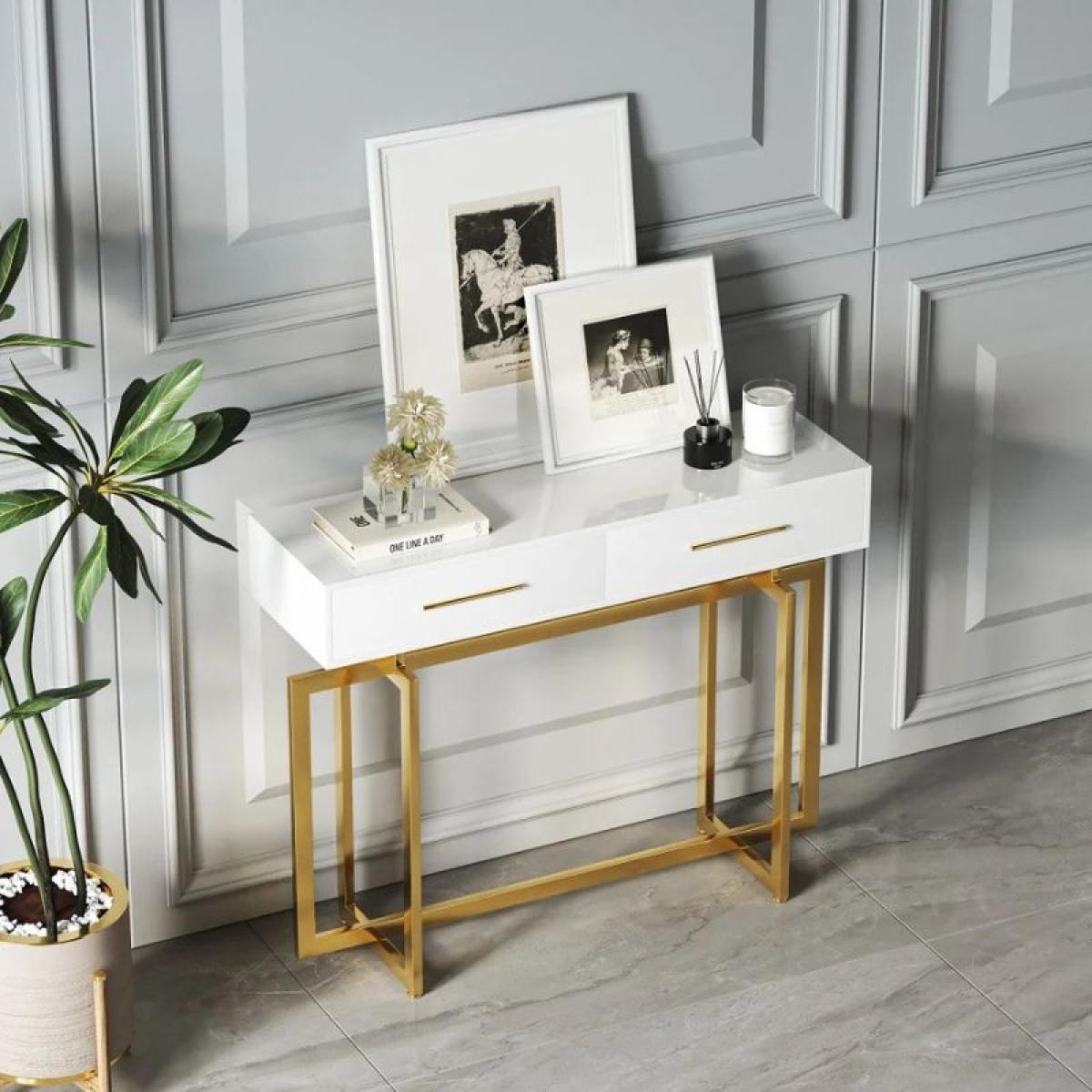 Stylish White Cabinet Table with Metallic Touch