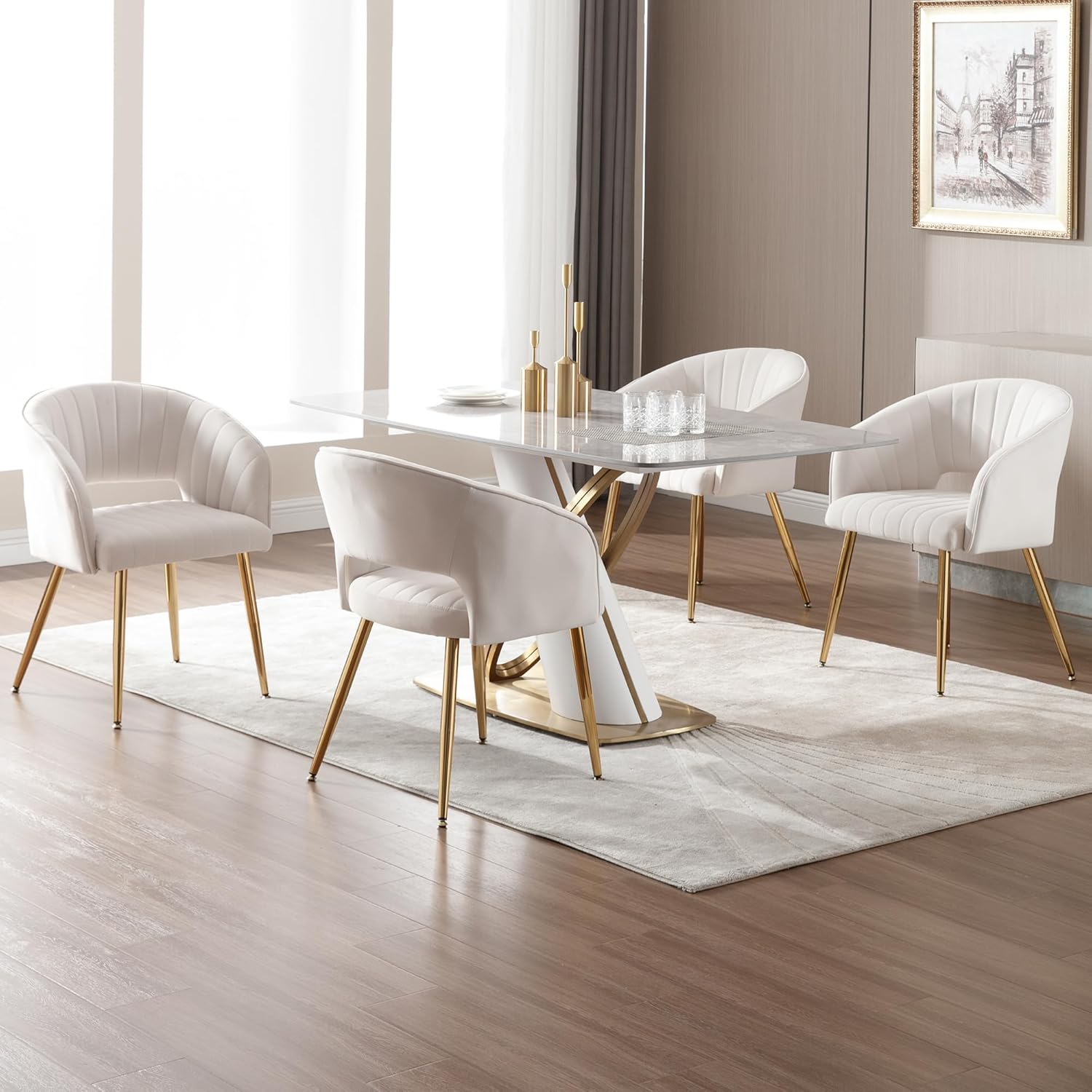 Stylish White Dining Accent Chair with Polished Gold Legs