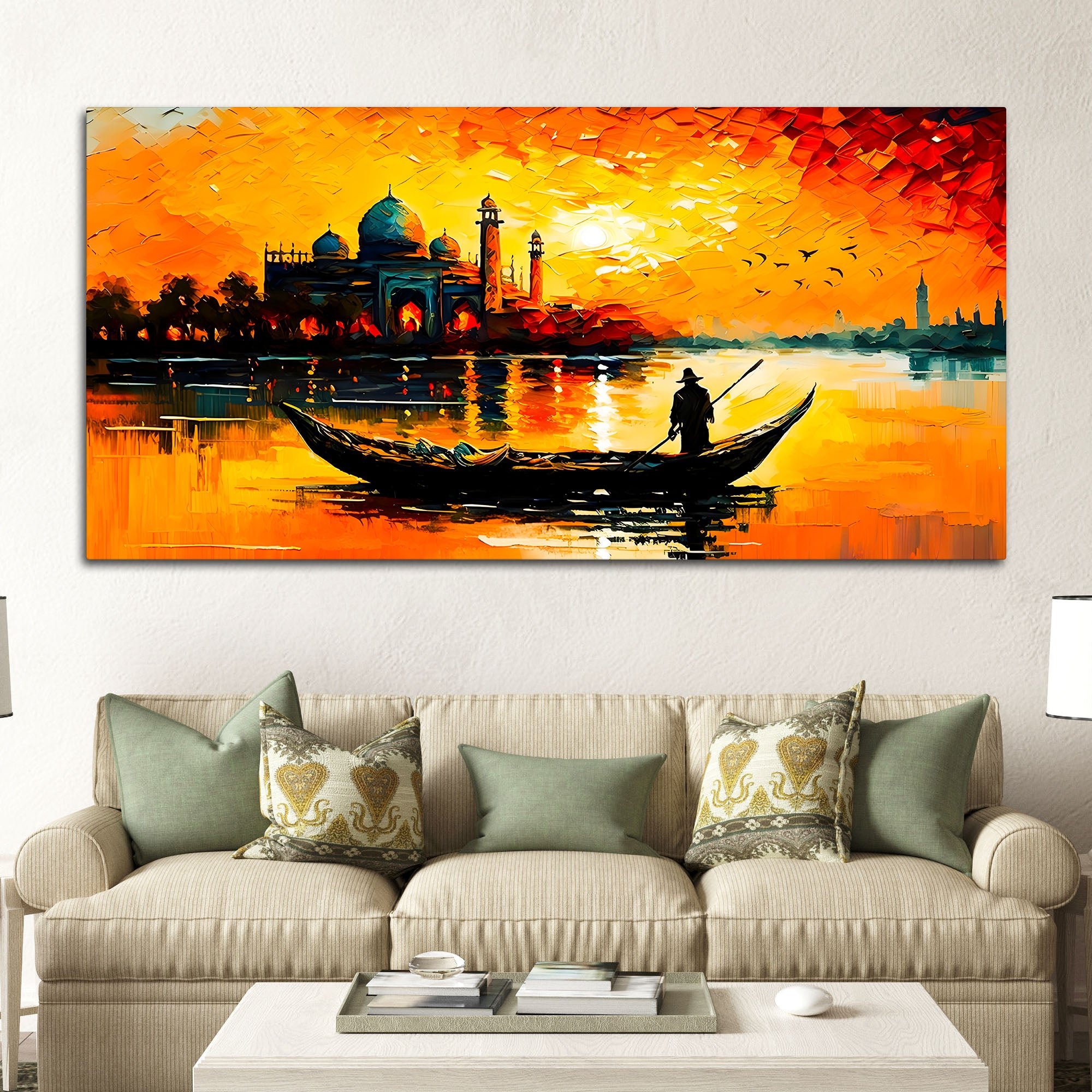 Sunset Boat Wall Art Painting for Stylish Home
