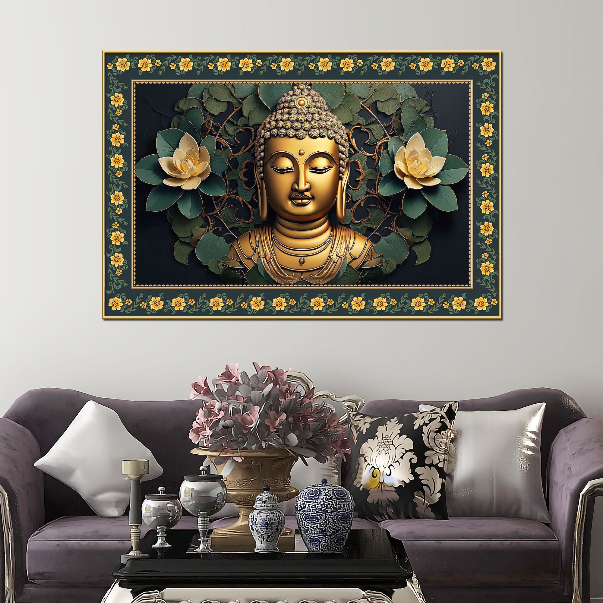 Symbol of Peace Gautam Buddha Border Canvas Wall Painting